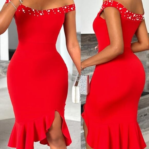 Women’s Off-Shoulder Ruffle Hem Midi Dress – Red Carpet Ready Size: Small – NWOT - Picture 6 of 6